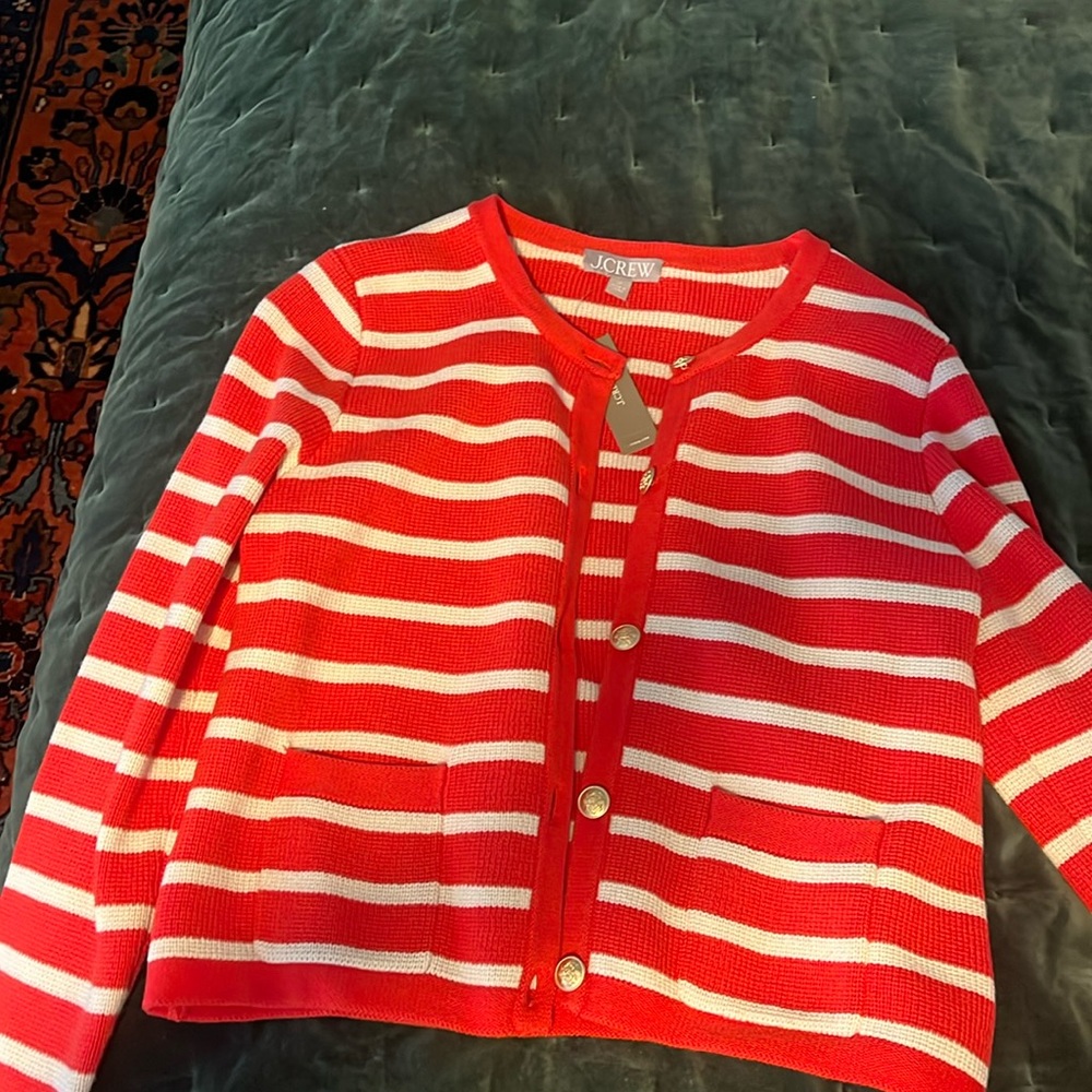 J. Crew Red and White Striped Cardigan Sweater